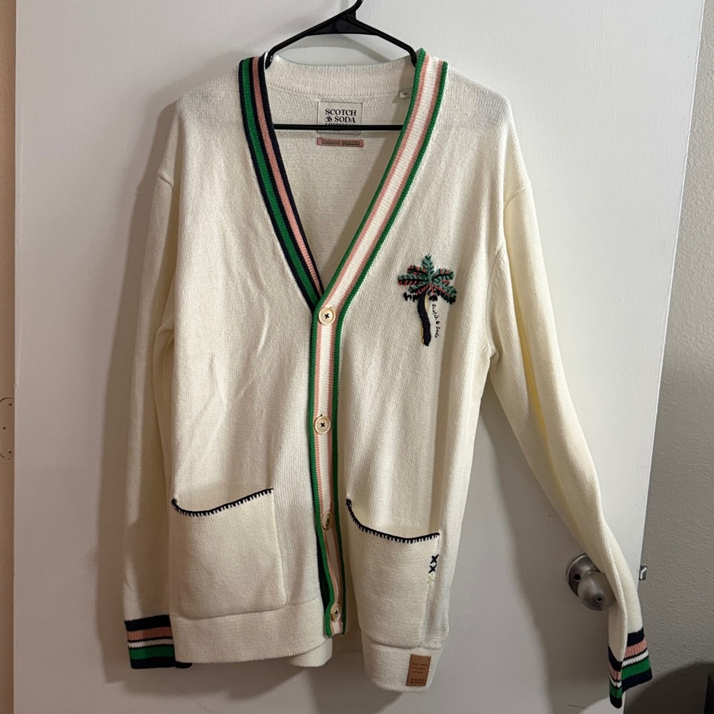 Scotch & Soda Cream Cardigan with Green and Pink Accents